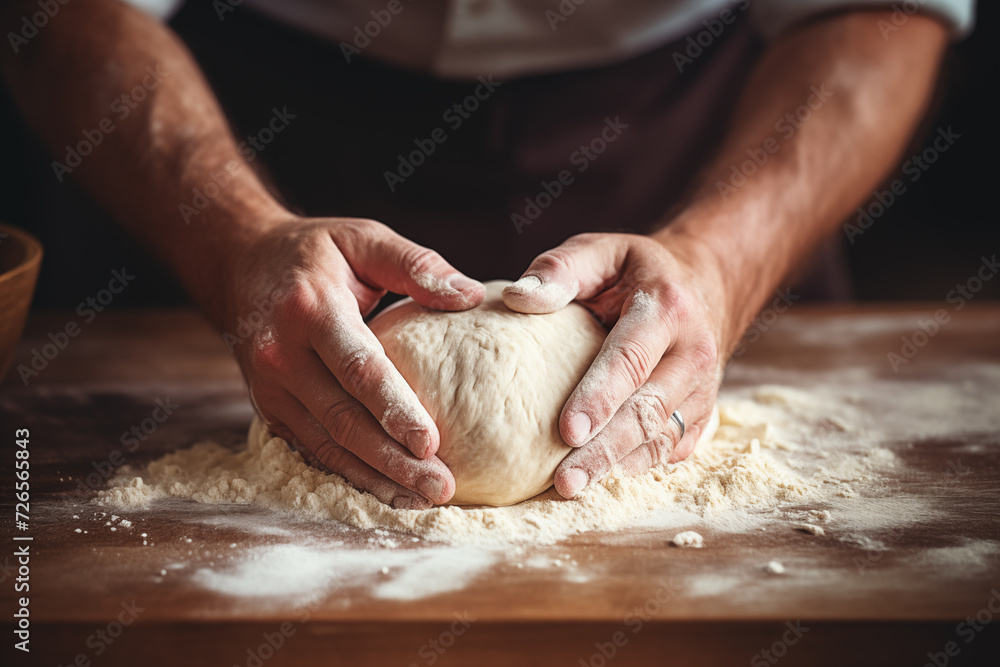  Close up shot, baker kneading dough in the kitchen, hands of chef preparing fresh dough for bread, pizza or pasta out of flour. High quality photo