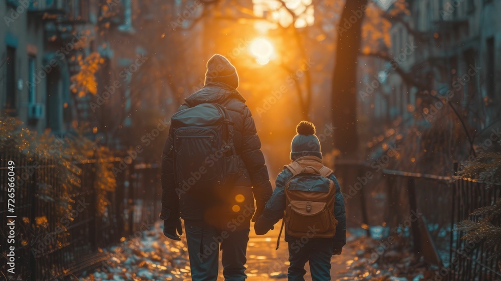 a heartwarming moment of a parent walking hand in hand with two pupils, backpacks on - obrazy, fototapety, plakaty 