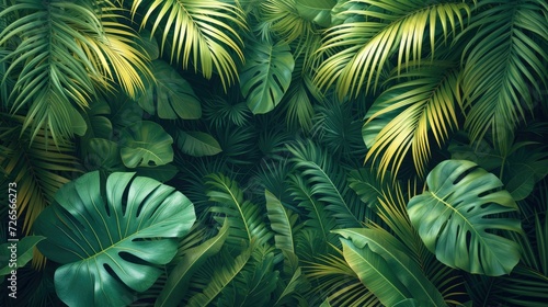 Panoramic Tropical Pattern Illustration: Palm and Banana Leaves