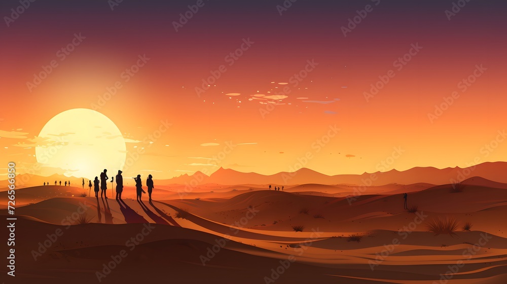 Diverse group of tourists are standing at sunset dunes. People and silhouettes against sandy dunes