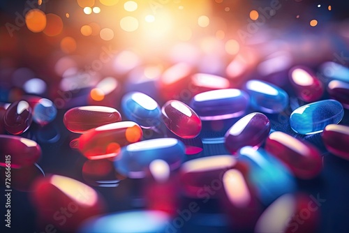medical multi-colored tablets and capsules pills randomly lying on the table. wide horizontal pharmaceutical background with empty spaces for text