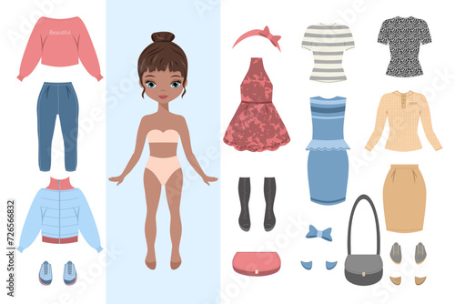 Paper doll clothes. Cute girl with clothes set, collection. Fashion girl dark skin. Vector illustration. Baby doll. Child, kids game, toy. Cutouts. Dress, skirt, shoes, jeans.Doll for children play