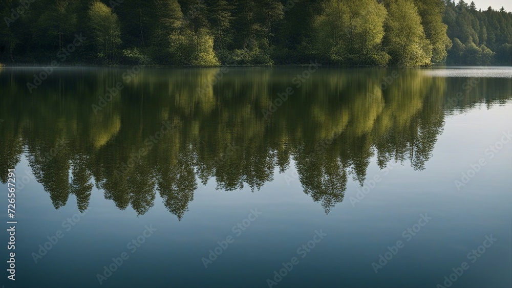 reflection of trees in water A serene lake with gentle ripples on the surface. The water is clear and reflects the blue sky  