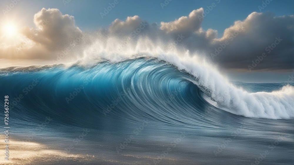 blue sky with clouds  A tsunami illustration, showing the power and the destruction of water. The wave is huge and blue,  