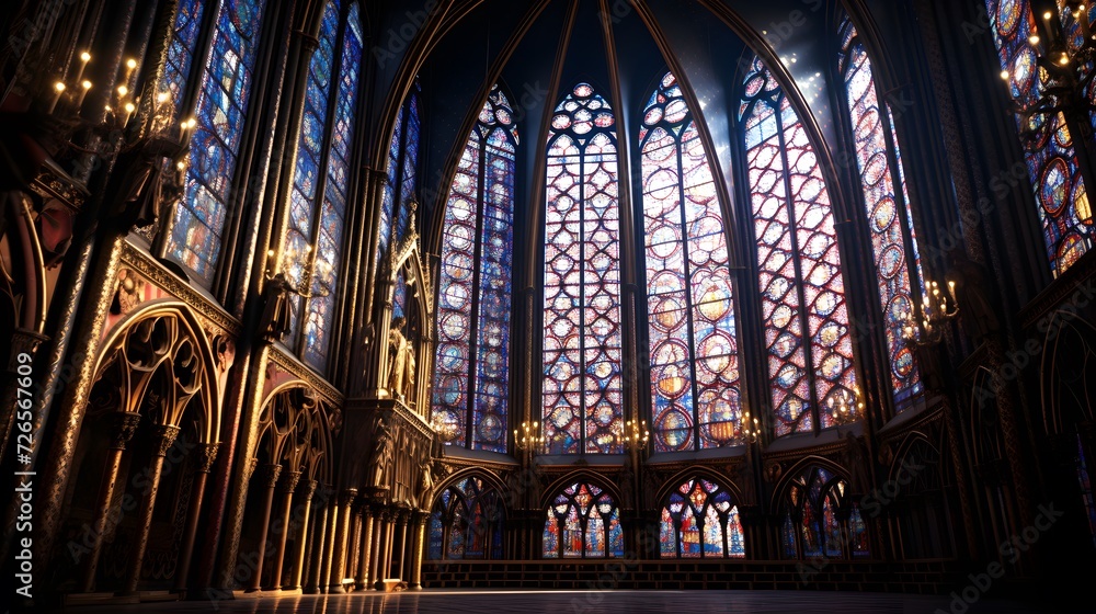 a church with stained glass windows and a light shining through the window panes on the floor. a church with stained glass windows and a light shining through the window panes on the floor.