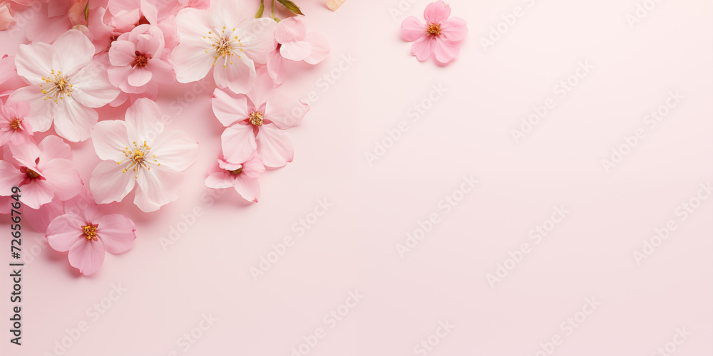 Cherry blossom, Spring floral background. April floral nature and spring Sakura blossom on soft pink background with copy space. Flat lay, Bloom flowers, Springtime concept.
