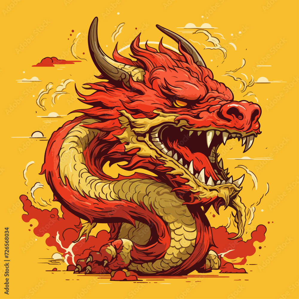 Fototapeta premium traditional red chinese picture of dragon for chinese new year 2024, chinese lucky dragon symbol, Lùhng, ryū, 龍/竜, yong, 용, mungkorn, มังกรจีน, rồng, generative AI