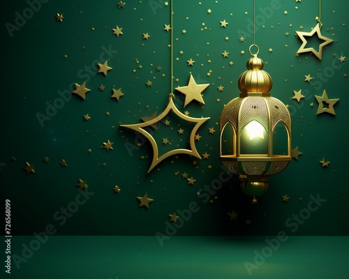 Lantern with golden stars on green wall. Ramadan Kareem background photo