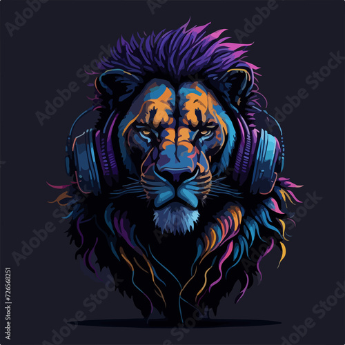 A vibrant artwork of a lion rapper in action, headphones on, and surrounded by a colorful hip-hop world. photo