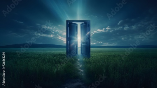 Light shining trough open door in field landscape at night, concept of new goals and progress 