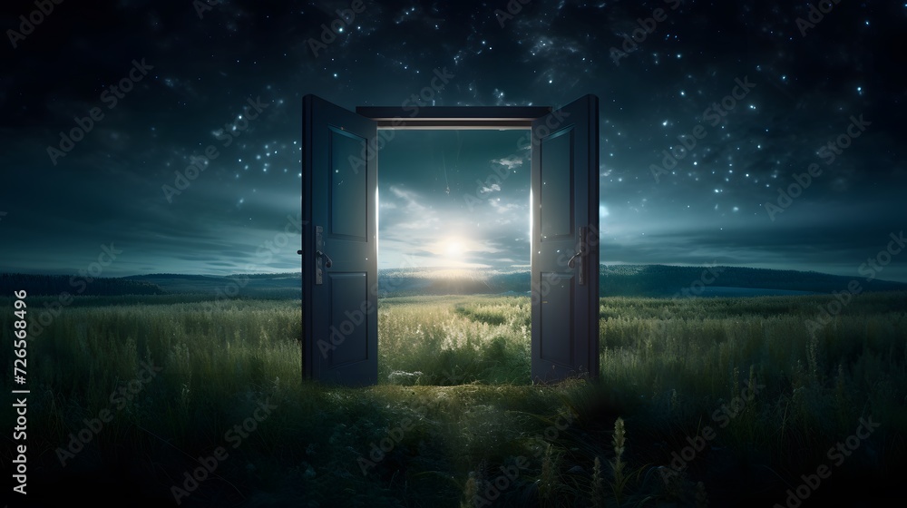 Light shining trough open door in field landscape at night, concept of new goals and progress
