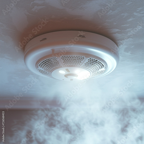 Smoke alarm attached to the ceiling, surrounded by a small amount of smoke, white metal shell, depth of field effect, soft lighting under natural light, cool colour tone photo