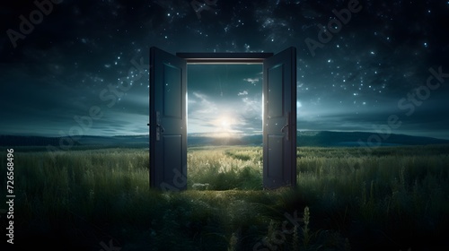 Light shining trough open door in field landscape at night, concept of new goals and progress 