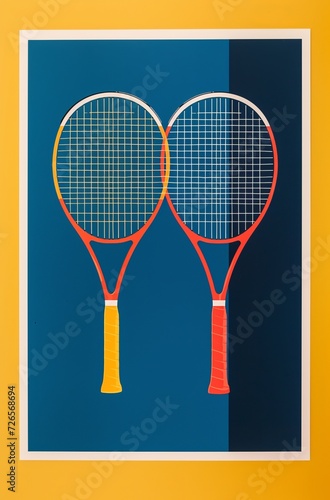 Artistic Display of Two Colorful Tennis Rackets Against Vibrant Blue Background Framed in Yellow