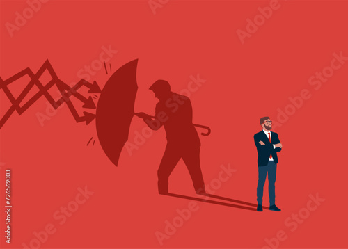 Businessman standing with shadow man holding umbrella to cover and protect from downturn arrow. Defensive stock in economy crisis or  insurance concept. Flat vector illustration