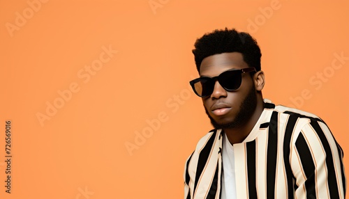 Black man wearing sunglasses isolated on orange background. Editorial photography of man during summertime wearing sunglasses and posing. Portrait of a black man with sunglasses on