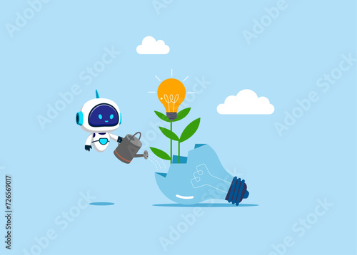 Motivation to success. Robot watering seedling growing light bulbs in flower from broken light bulb. Flat vector illustration.