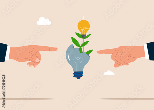 Palms arms pointing showing new light bulb from broken light bulb. Motivation to success. Flat vector illustration.