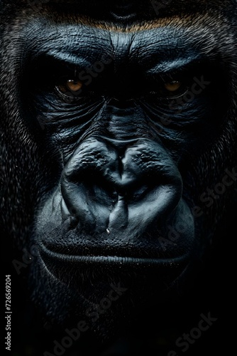 a gorilla with dark hair and yellow eyes looks at the camera