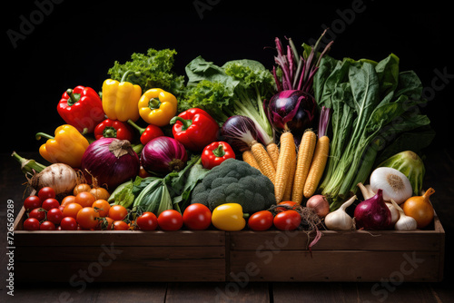 Fresh organic bio vegetables in a wooden box on a black background . Harvesting. Harvest and healthy food concept.