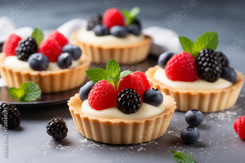 Vanilla tartlets with berries on light background