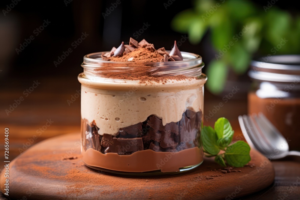 chocolate custard dessert in glass mason jar. Cocoa cream sweet cake. Catering for events. Small business. chocolate custard dessert in glass mason jar. Cocoa cream sweet cake. Catering for events. Small business.