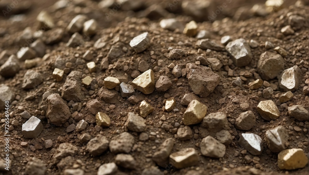 Close-up image of crumbly soil interspersed with rough, irregularly shaped stones and small rocks in natural tones. Close-up image of crumbly soil interspersed with rough, irregularly shaped stones and small rocks in natural tones.