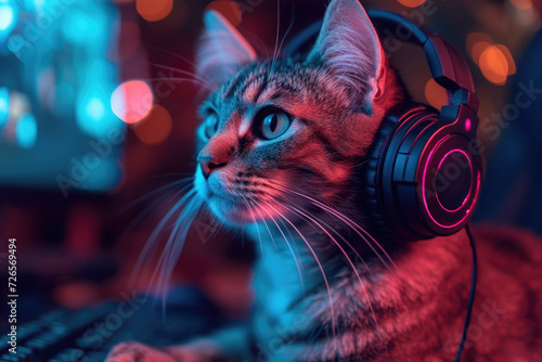 Tabby cat in headphones listens to music, plays computer games, works at the computer against a background of neon lighting