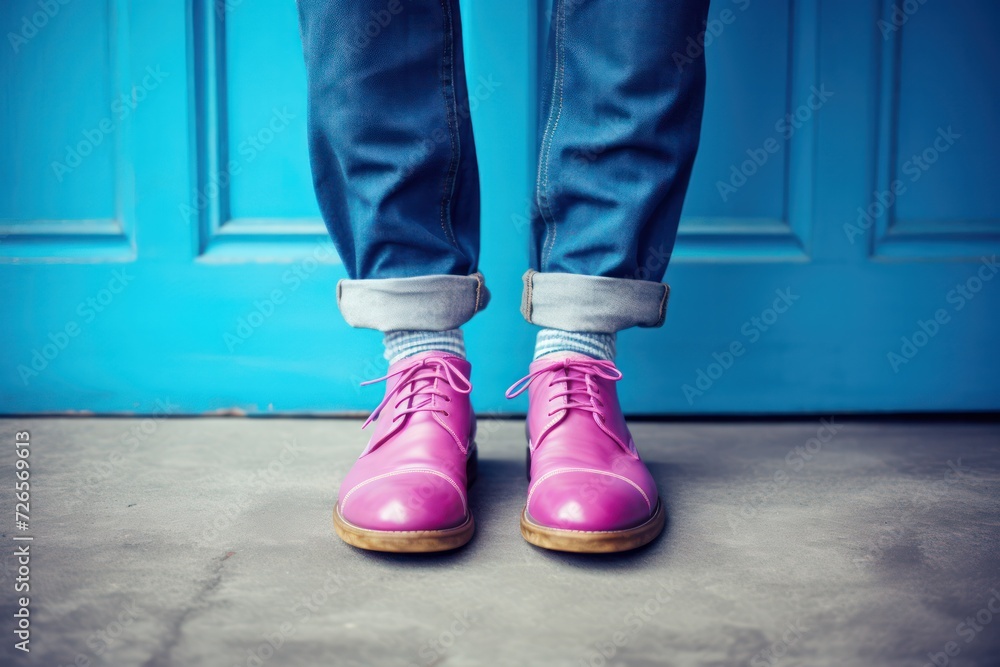 hipster guy wearing pink shoes and blue jeans standing in the street near door. Footwear close up. Fashion and style. hipster guy wearing pink shoes and blue jeans standing in the street near door. Footwear close up. Fashion and style.