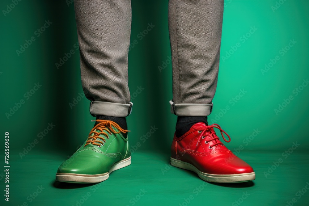 hipster guy wearing different shoes red and green, gray pants or trousers standing near green wall closeup. Footwear close up. Fashion and style.