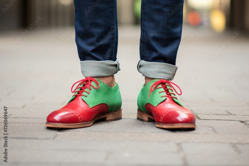 hipster guy wearing green red shoes and jeans standing in the street closeup. Footwear close up. Fashion and style.