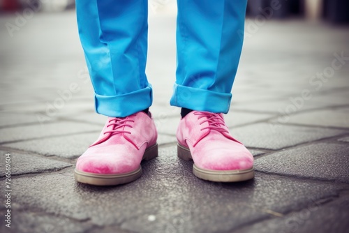hipster guy wearing suede pink shoes and blue pants or trousers standing in the street. Footwear close up. Fashion and style.