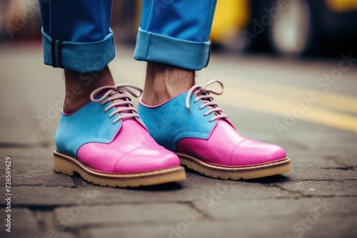 hipster guy wearing classic pink shoes with laces and blue jeans standing in the street. Footwear close up. Fashion and style.