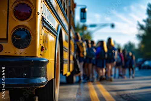 Morning Routine, Students Boarding School Bus at Sunrise