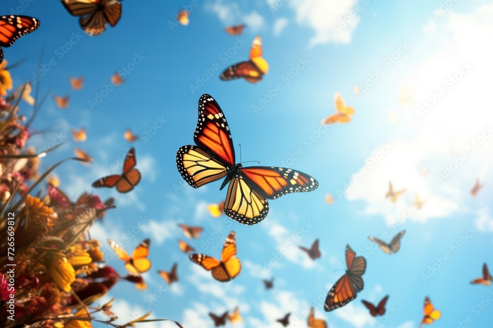 monarch butterflies flying in the blue sky. Monarchs butterfly species migration in nature. monarch butterflies flying in the blue sky. Monarchs butterfly species migration in nature.