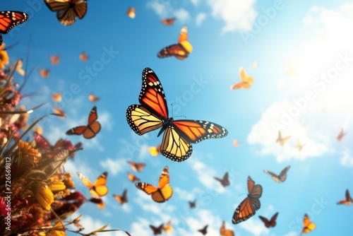 monarch butterflies flying in the blue sky. Monarchs butterfly species migration in nature. © Dina