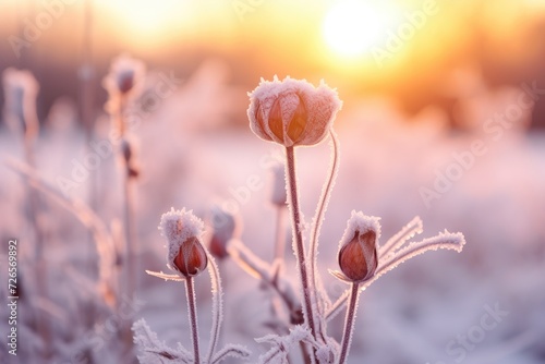 frozen flower in garden on winter landscape