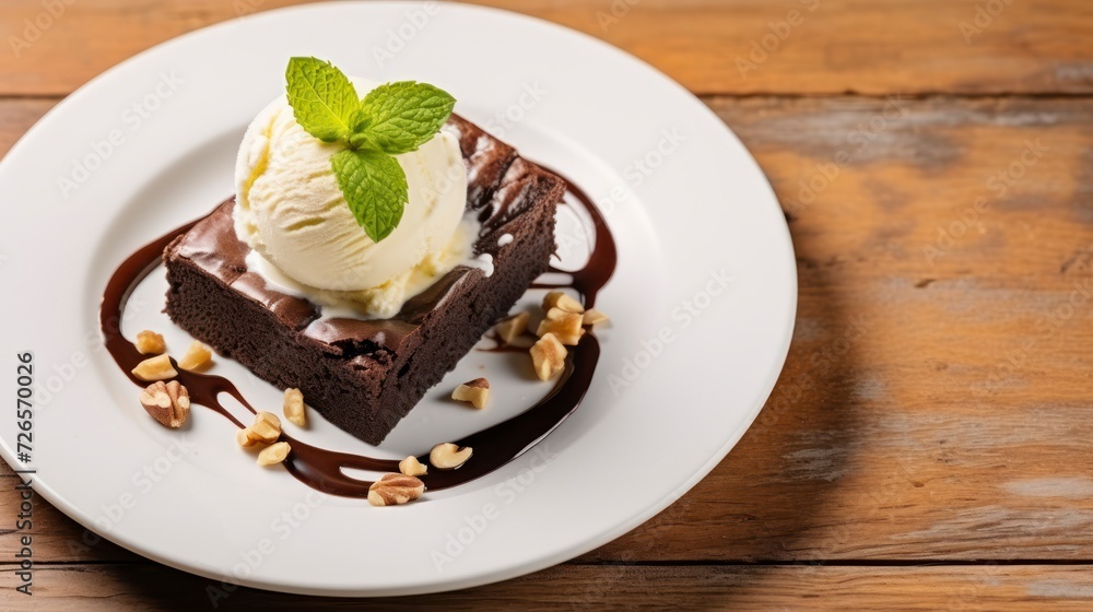 A Chocolate Brownie Paired with Vanilla Ice Cream, Nuts, and Mint on a White Plate. copy space. A Chocolate Brownie Paired with Vanilla Ice Cream, Nuts, and Mint on a White Plate. copy space.