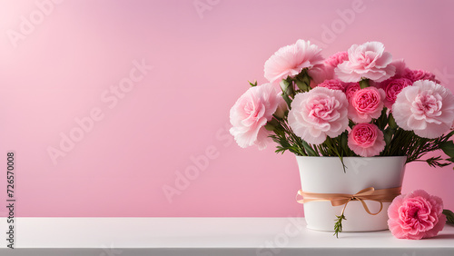 Carnation pink background, suitable for Mother's Day, International Women's Day, and other similar celebrations. Space for text. Podium for product.