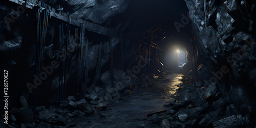 Beautiful cave. View from inside dark dungeon. Textured walls of cave. Background image of underground tunnel. Dampness inside cave. Lighting inside cave for excursions.