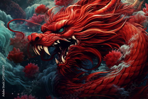 traditional red chinese dragon for chinese new year 2024, chinese lucky dragon symbol, Lùhng, ryū, 龍/竜, yong, 용, mungkorn, มังกรจีน, rồng, generative AI © Paulina