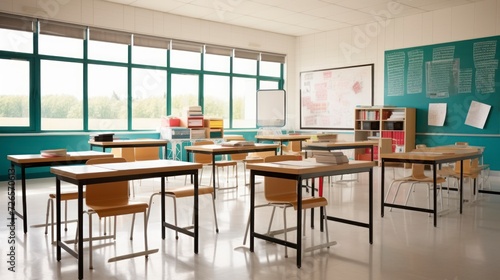 Inside a Classroom, Where Desks Stand in Orderly Rows, Awaiting Students Arrival