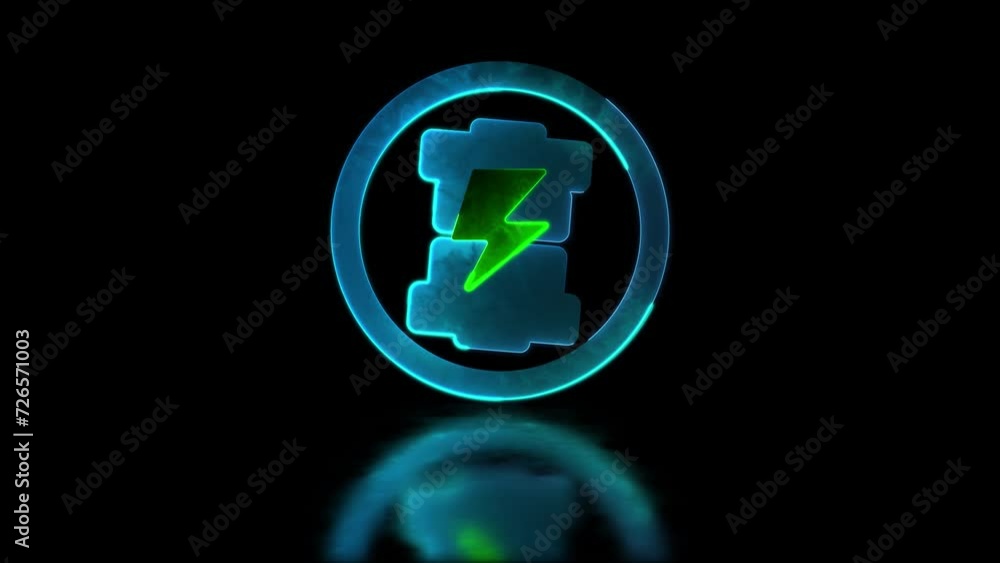 Looping neon glow effect Battery charger icon, black background
