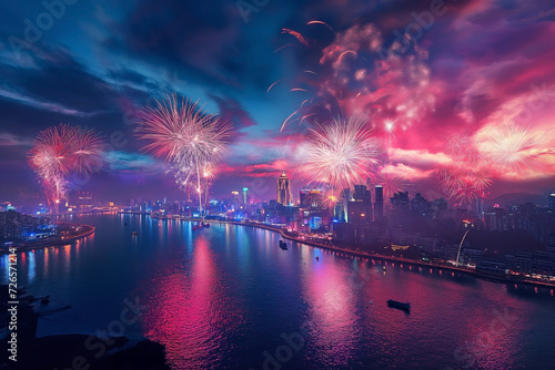 Fireworks over a river with city and light from city skyscrapers with modern building of financial photo
