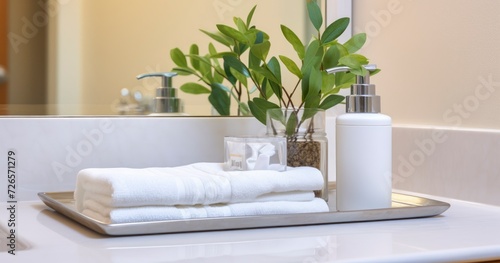 A Close-Up of a Bathroom Vanity Set with Face Towels  Hand Soap  and a Plant  on a Luxurious Marble Surface