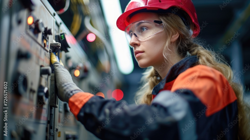 Female commercial electrician at work on a fuse box in factory, adorned in safety gear Female commercial electrician at work on a fuse box in factory, adorned in safety gear