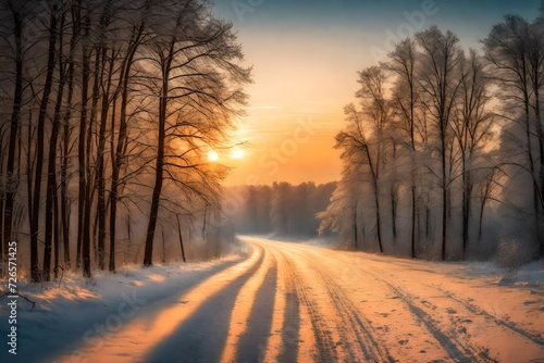 sunrise in the forest in winter 