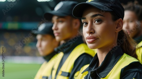 Security group with team security background. Security focus in football stadium