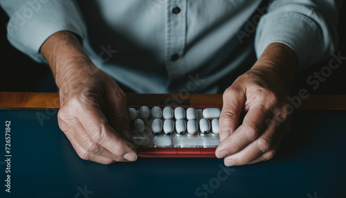 A close-up of elderly hands organising various pills in a pill-box 