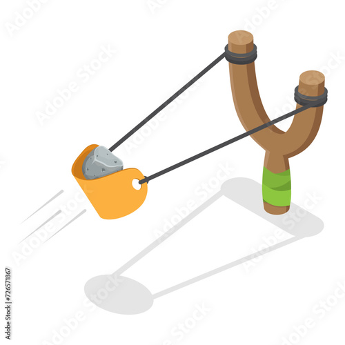 3D Isometric Flat Vector Set of Slingshot Animation Shots, Wooden Handle and Rubber Band. Item 2